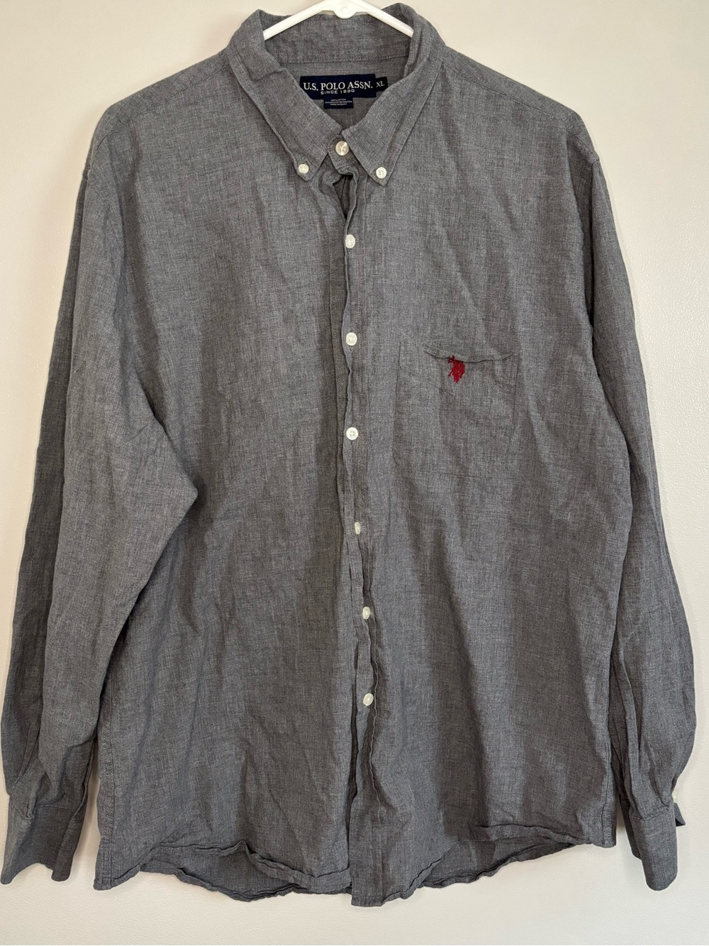 U.S. Polo Assn. Men's Gray Long-Sleeve Button-Down Shirt with Red Pony Logo